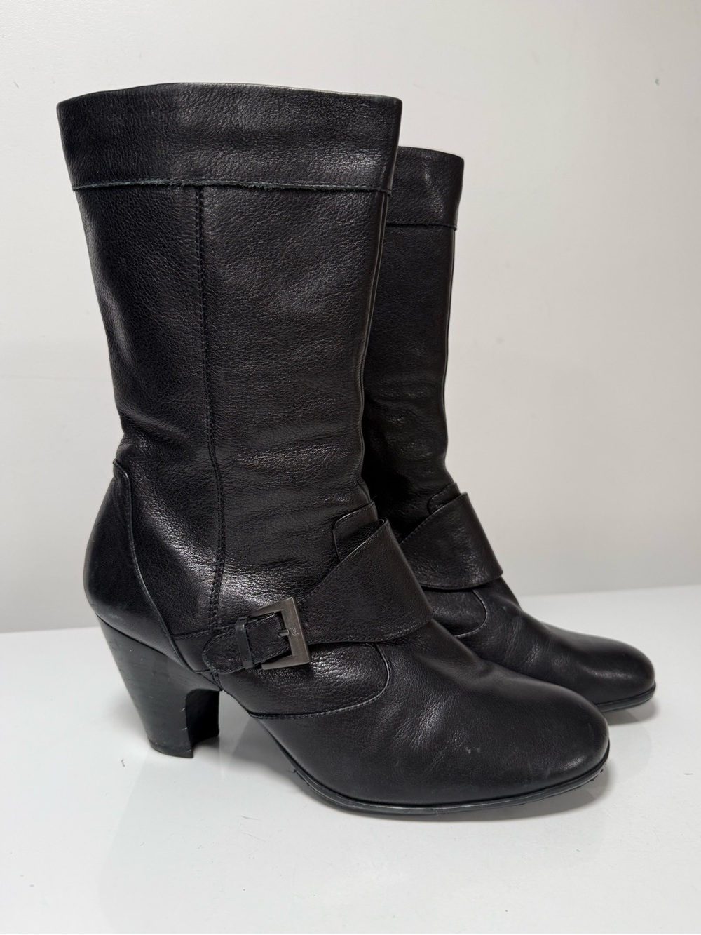 Born Black Leather Mid-Calf Heeled Boots with Buckle